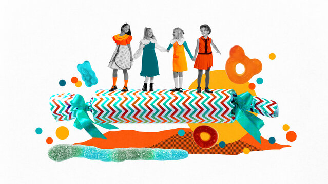 Monochrome image of happy girls, children standing on giant candy on white background with colorful elements. Contemporary art collage. Concept of Happy Childrens Day, holiday, childhood. Poster, ad