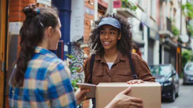A delivery person in a cap hands over a package to a recipient on a city street, capturing a moment of cheerful interaction between them.