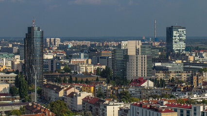 Panorama of the city center timelapse of Zagreb, Croatia, with modern and historic buildings, museums in the distance.