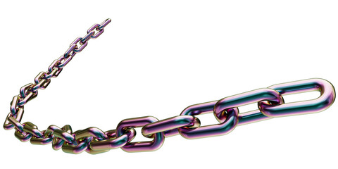 Holographic chain isolated on transparent background. 3D rendering of an iridescent metal chain. Titanium chain.