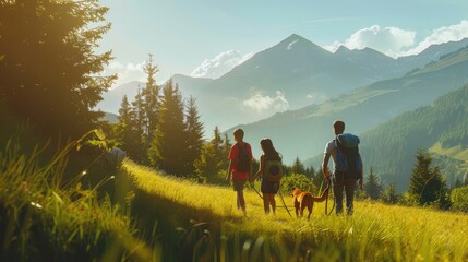 Fototapeta premium A family with a dog walks on the grass in front of the mountain spending the holiday together.