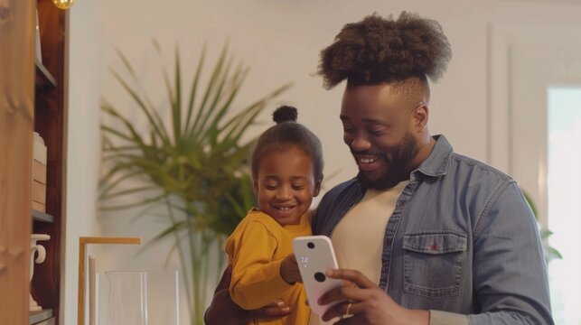 Family looking at smart thermostat, adjusting, lowering heating temperature at home.