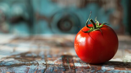 Single red ripe tomato on a wooden table.