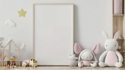 Poster frame mockup idea in children's room with dolls