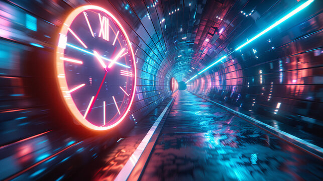 Modern futuristic image of a clock traveling through a tunnel. Time management and time travel concept. Horizontal image.