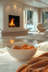 Naklejka premium A bowl of oranges on a table in front of the fireplace, AI