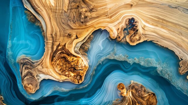 Wood with epoxy resin. The table texture is blue and wooden. Banner design template exotic stabilized surface.