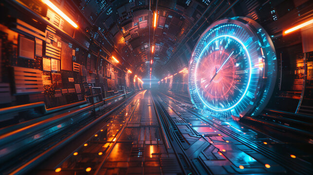 Modern futuristic image of a clock traveling through a tunnel. Time management and time travel concept. Horizontal image.