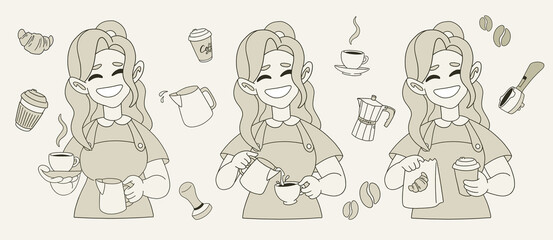 Ilustration of happy barista, coffee tools, horn, portafilter, milk pitcher, coffee beans, croissant, bakery, coffee shop, tamper. Hand drawn isolated elements for cafe, menu, coffee shop