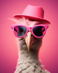 Portratit of pink cartoon bird with pink sunglasses and hat ready for party, on a pink background in the style of minimalism. Hyper realistic. Minimal poster, cover, card idea