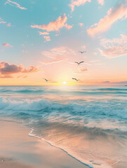 Tranquil beach scene at sunrise with soft waves, sandy shore, and flying birds under a pastel sky.