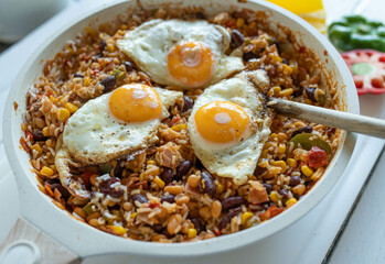 Healthy rice dish with fried egg topping in frying pan