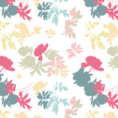 Delicate pastel silhouette of leaves and flowers seamless pattern