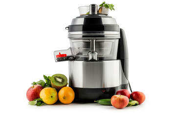 A powerful juicer with a brushed stainless steel exterior and a large fruit hopper isolated on a solid white background.