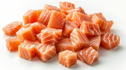 A pile of fresh, raw salmon cubes on a white background.