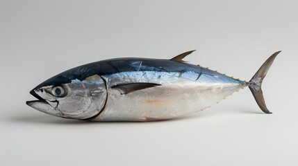 A large bluefin tuna fish on a white background. The fish is fresh and has a shiny, iridescent skin.