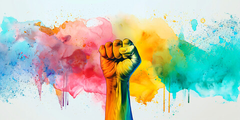 Concept of artistic expression of fighting for minority rights and diversity. A rainbown like fist raised on colorful paint splatter.