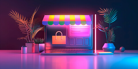 Minimalist concept of e-commerce and online shopping with a computer screen showing a shopping market.