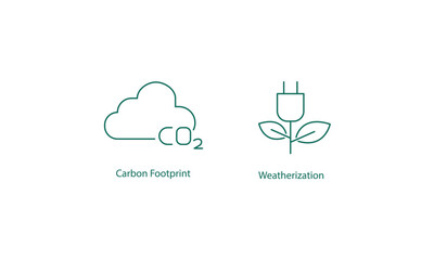 Environmental Impact: Carbon Footprint and Weatherization Vector Icons