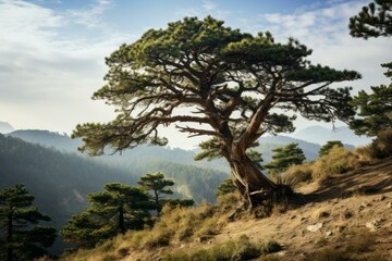 Obraz premium Serene morning landscape featuring an impressive pine tree with sunlit mountains in the background