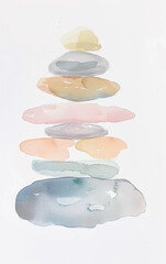 A minimalist watercolor painting of a stack of pastel-colored rocks, with soft edges and a muted color palette on a white background.