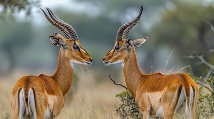 Pair of Impala rams (Aepyceros melampus) duelling with their horns in Masai Mara National Reserve; Kenya