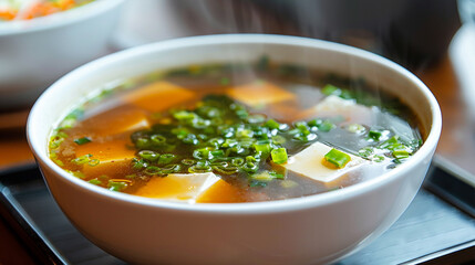 photo of large Miso soup , Miso soup is made with miso boiled in dashi. 