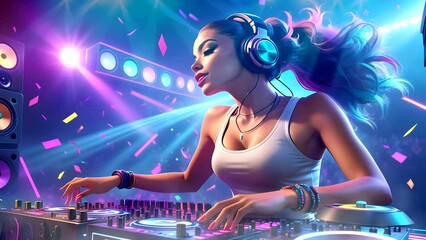Enchanting Female DJ Commanding the Dance Floor at a Lively Disco Party. Looping Time-lapse Animation.