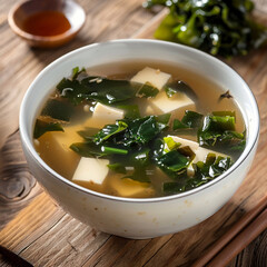 photo of large Miso soup , Miso soup is made with miso boiled in dashi. 