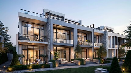 A stunning photo of modern townhouses with white and grey exterior walls featuring glass windows...