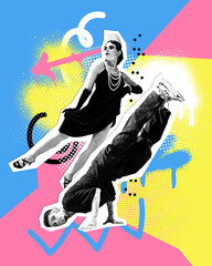 Poster. Contemporary art collage. Man and woman in retro and modern clothes dancing against vibrant...