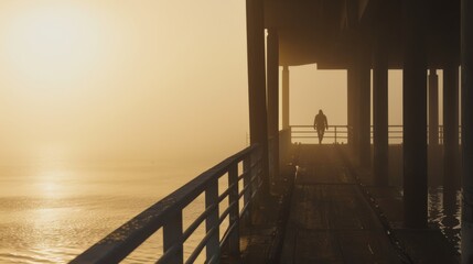Ethereal Sunset Silhouette on Misty Pier