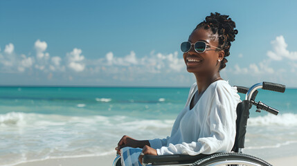 beach wheelchair disabled in space smiling vacation candid copy on at the black woman
