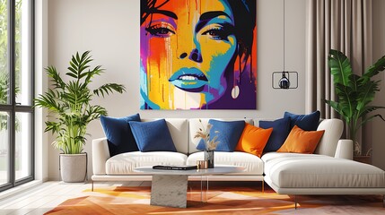 A vibrant pop art portrait of the showgirl from head over heels in the style of white wall living room with a cream sofa and orange blue pillows 
