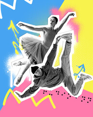 Poster. Contemporary art collage. Ballerina and hip-hop dancer in black and white filter dancing...