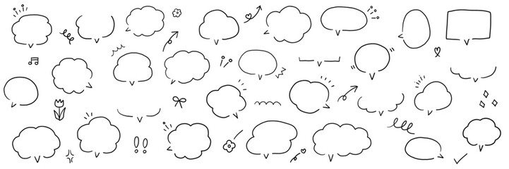 Fototapeta premium 手描きの吹き出しとアイコンのベクターイラストセット。フレーム、落書き、ふきだし、手書き、フリーハンド
