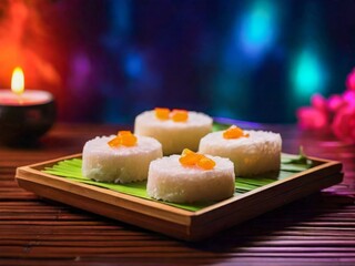 Sweet rice cakes nian gao in coconut, cinematic food photography, ad promo style, neon glowing lights in background 