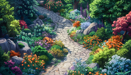 A garden path lined with flowers and trees creates a natural landscape art