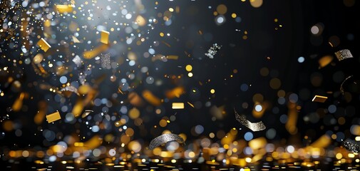 Golden and silver confetti falling on black background