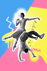 Poster. Contemporary art collage. Breakdancer and ballerina in monochrome filter dancing against vibrant background. Concept of fashion, modern and retro fusion. Trendy magazine style.