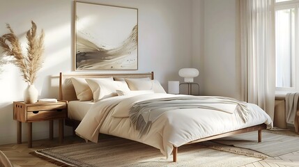 Minimalist bedroom with beige rug wooden side tables and abstract art frame 