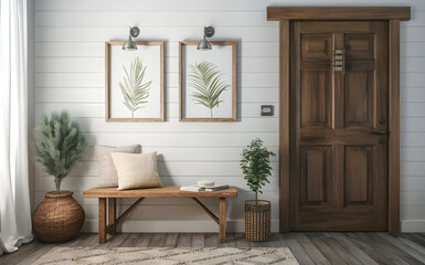 Wooden rustic bench near white wall 
