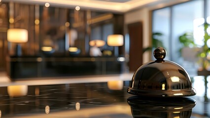 Hotel service bell with staff assisting guests at modern front desk. Concept Hotel Front Desk, Customer Service, Hospitality Industry, Modern Reception Area