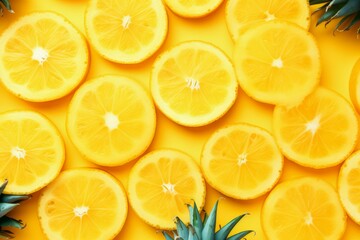Obraz premium Vibrantly arranged lemon slices with contrasting green leaves on a yellow backdrop