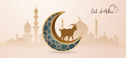 Eid Al Adha sacrificial sheep and crescent moon mosque on background vector poster