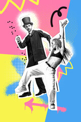 Poster. Contemporary art collage. Man wearing retro attire and woman in modern outfit dancing against vibrant background. Concept of fashion, modern and retro fusion. Trendy magazine style.