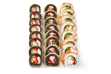 Exquisite sushi trio: tempura, uramaki, classic shrimp rolls