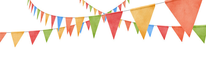 Watercolor carnival garland with flags. Decorative colorful party pennants for birthday celebration, festival and fair decoration.