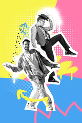 Poster. Contemporary art collage. Expression through moves. Two men, modern and retro artists dancing against vibrant background. Concept of fashion, modern and retro fusion. Trendy magazine style.