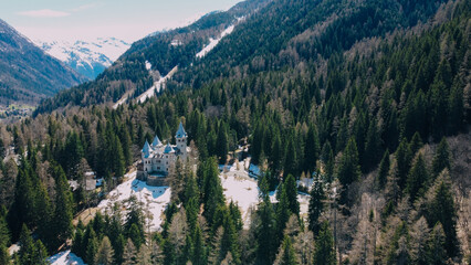 Aerial view of Savoy Castle situated in Gressoney-Saint-Jean, Italy. It was a summer residence of the queen Margherita of Savoy. Tourist attraction in the Aosta Valley, Italian Alps.
